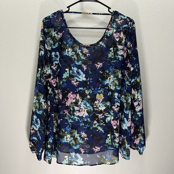 Charming Charlie | Navy Blue Floral Print Chiffon Long Sleeve Top Large Prairie - Picture 5 of 5
